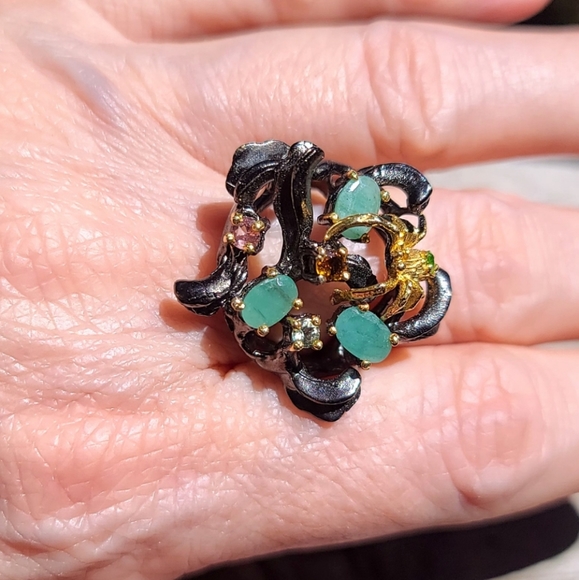 Emerald Peridot Tourmaline citrine aquamarine spider sterling silver ring sz9
